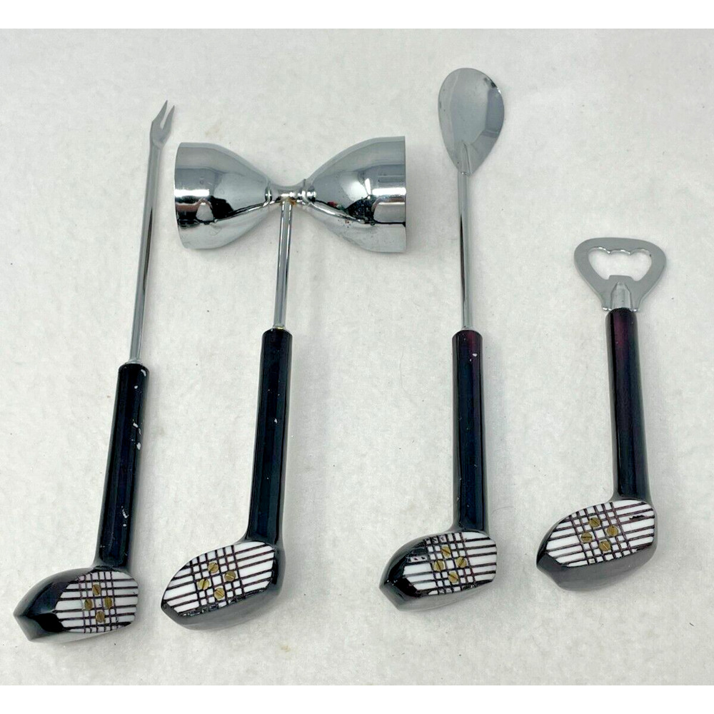 Vtg Golf Club Handle Bar Tool Set‎ MCM Japan Spoon Fork Opener Jigger Mixology